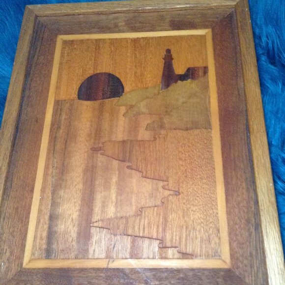 VINTAGE Inlay Marquetry Teak/Cherry Block Island lighthouse, Beachy, Vacation - Picture 4 of 4